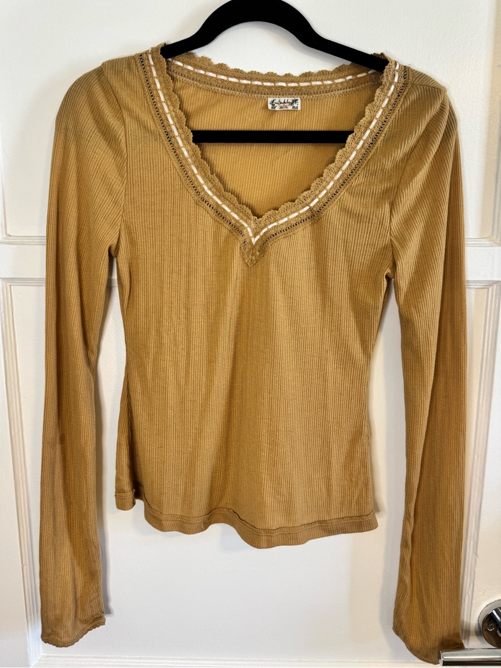 Free People Tan Ribbed Lace Trim Long Sleeve V-Neck Top